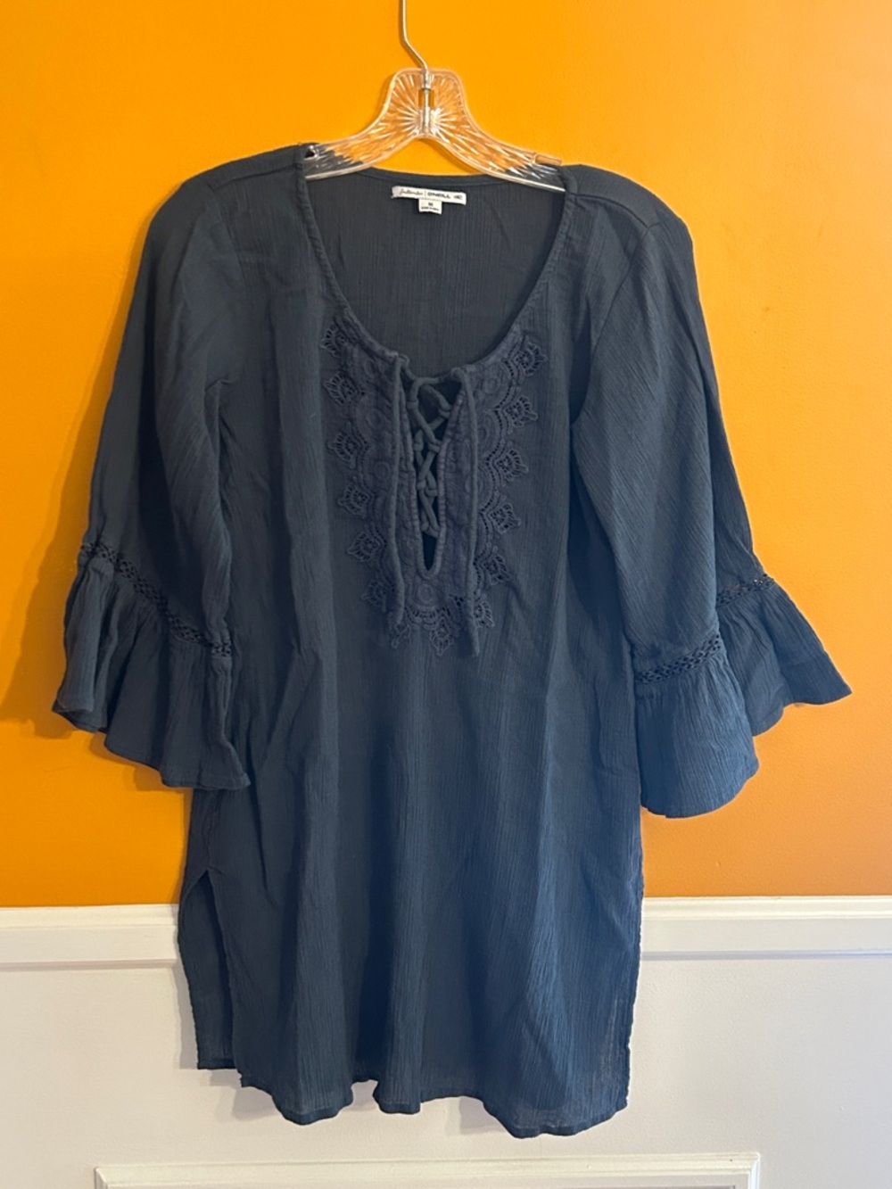 O'Neill Navy Lace-Up Crochet Front Boho Top